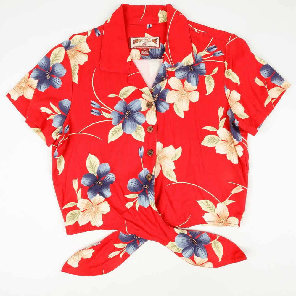 Caribbean Joe Womens Medium Hawaiian Red Floral Tie-Front Crop Top Beach Resort